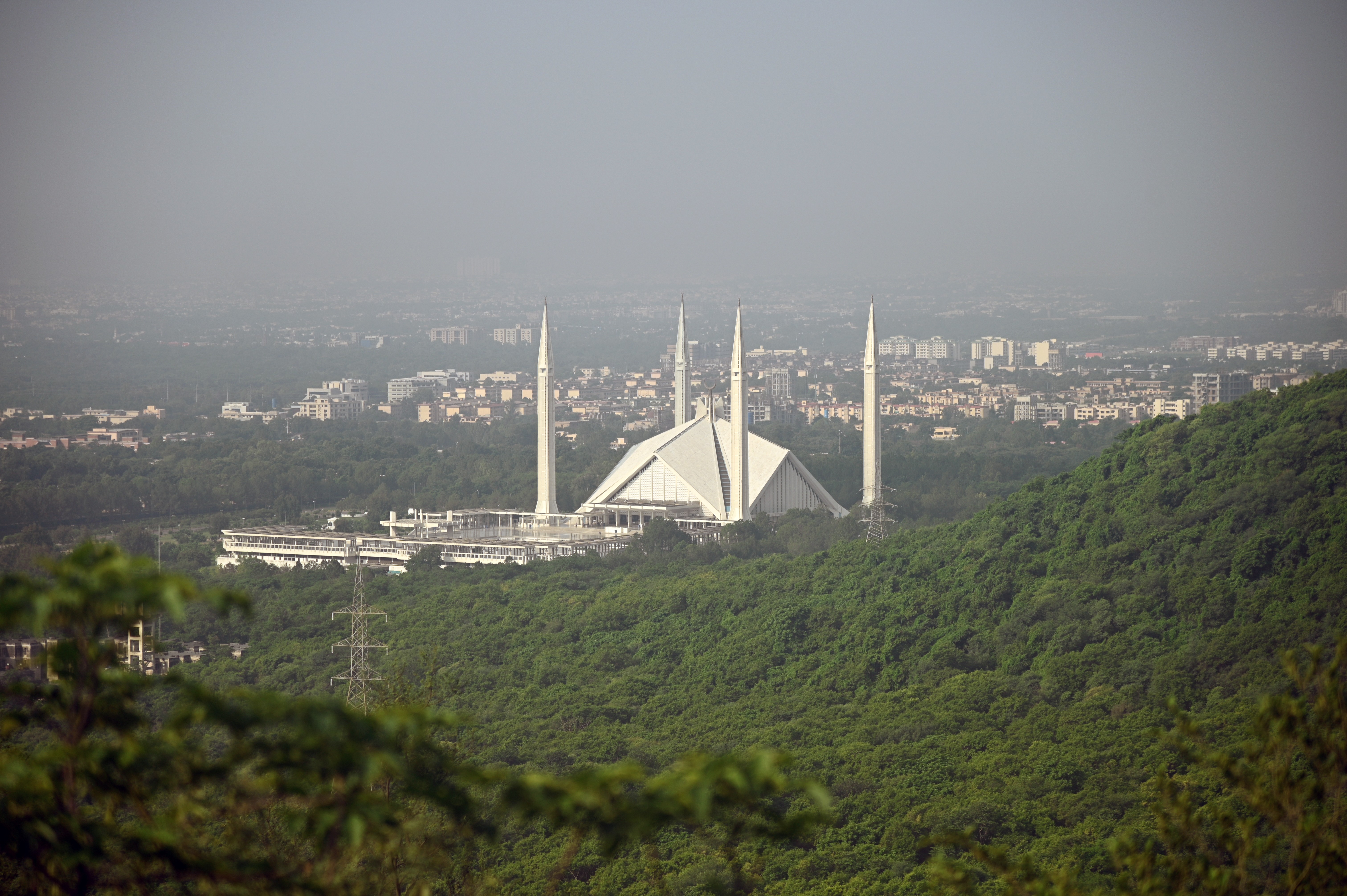 The ariel view of Shah Faisal Mosque situated in between the Margalla Hills