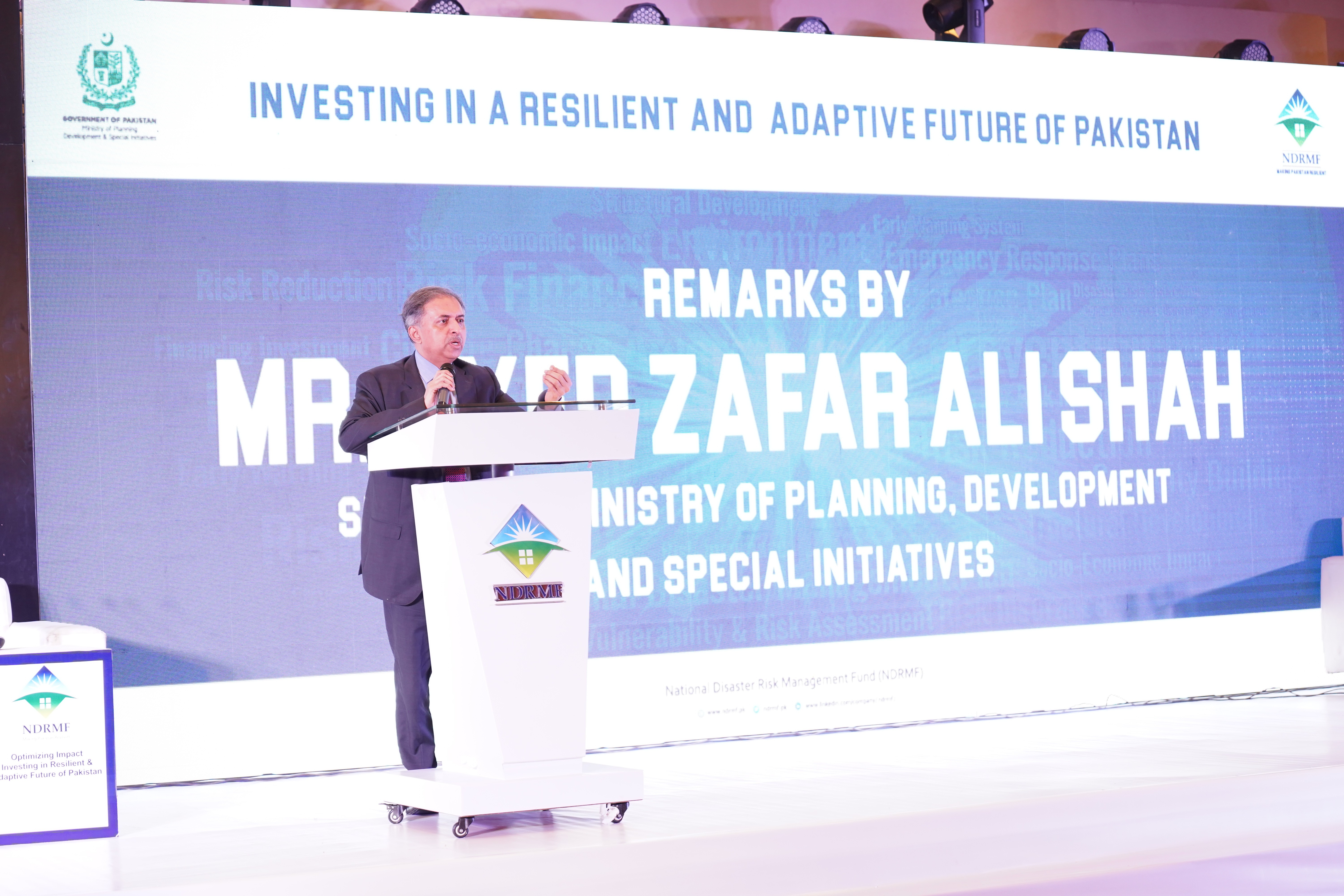 Syed Zafar Ali Shah : Secretary Ministry of planning development and special initiatives  adressing to the conference held on investing in a resilient and adaptive future of Pakistan organize