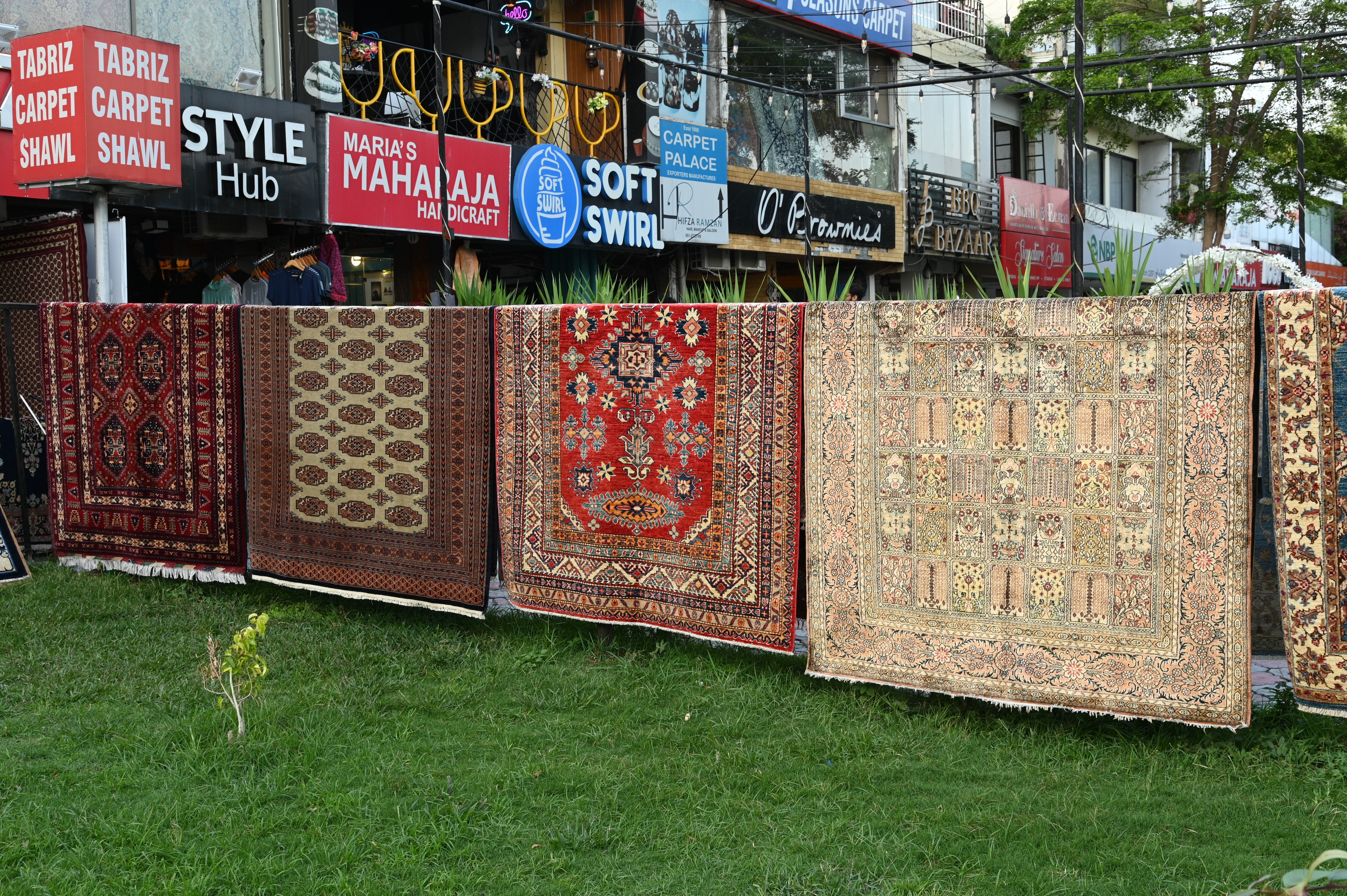 Antique hand-made afghani rugs displayed in jinnah super market F-7