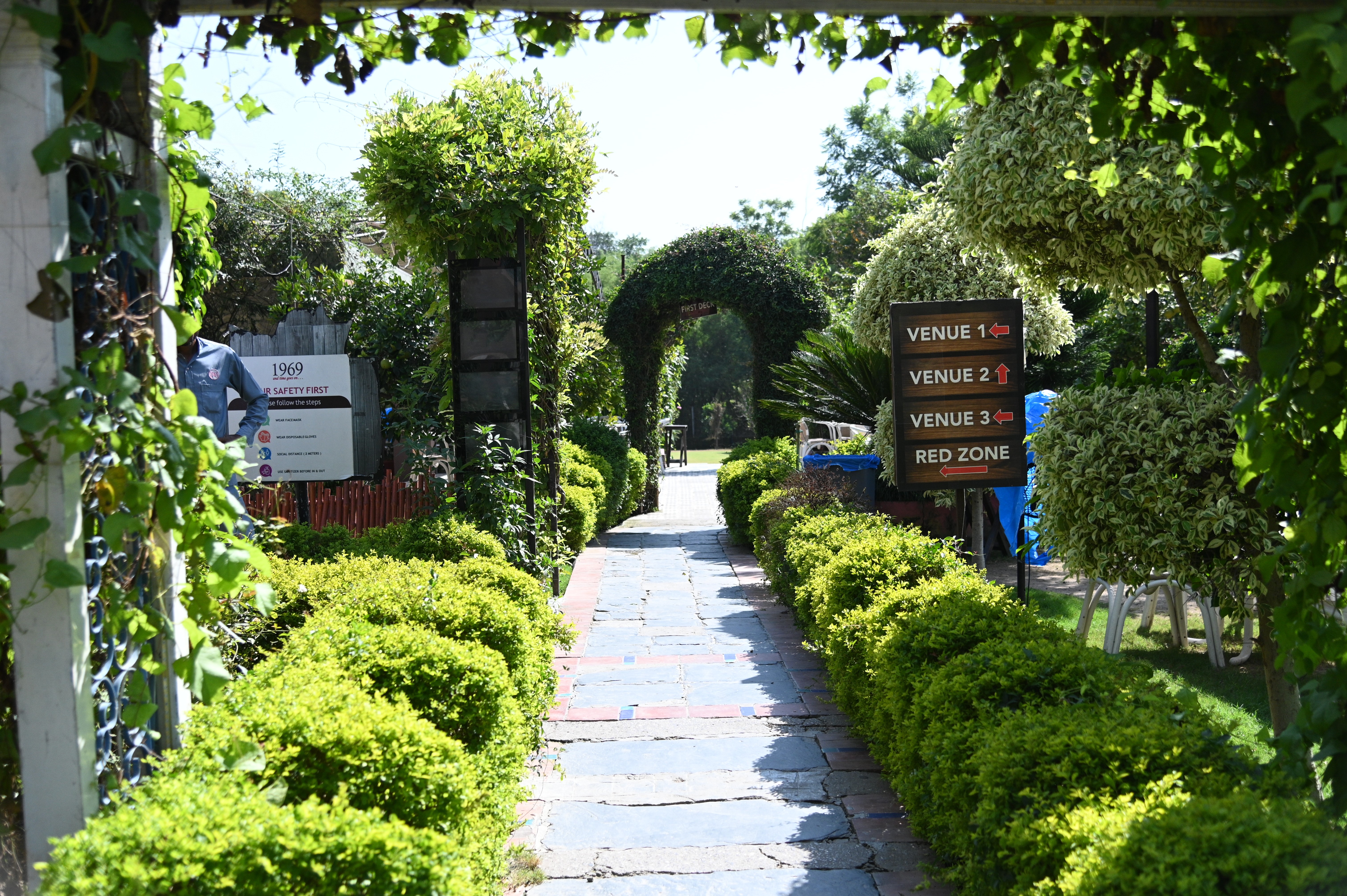 A passageway leading toward the restaurant