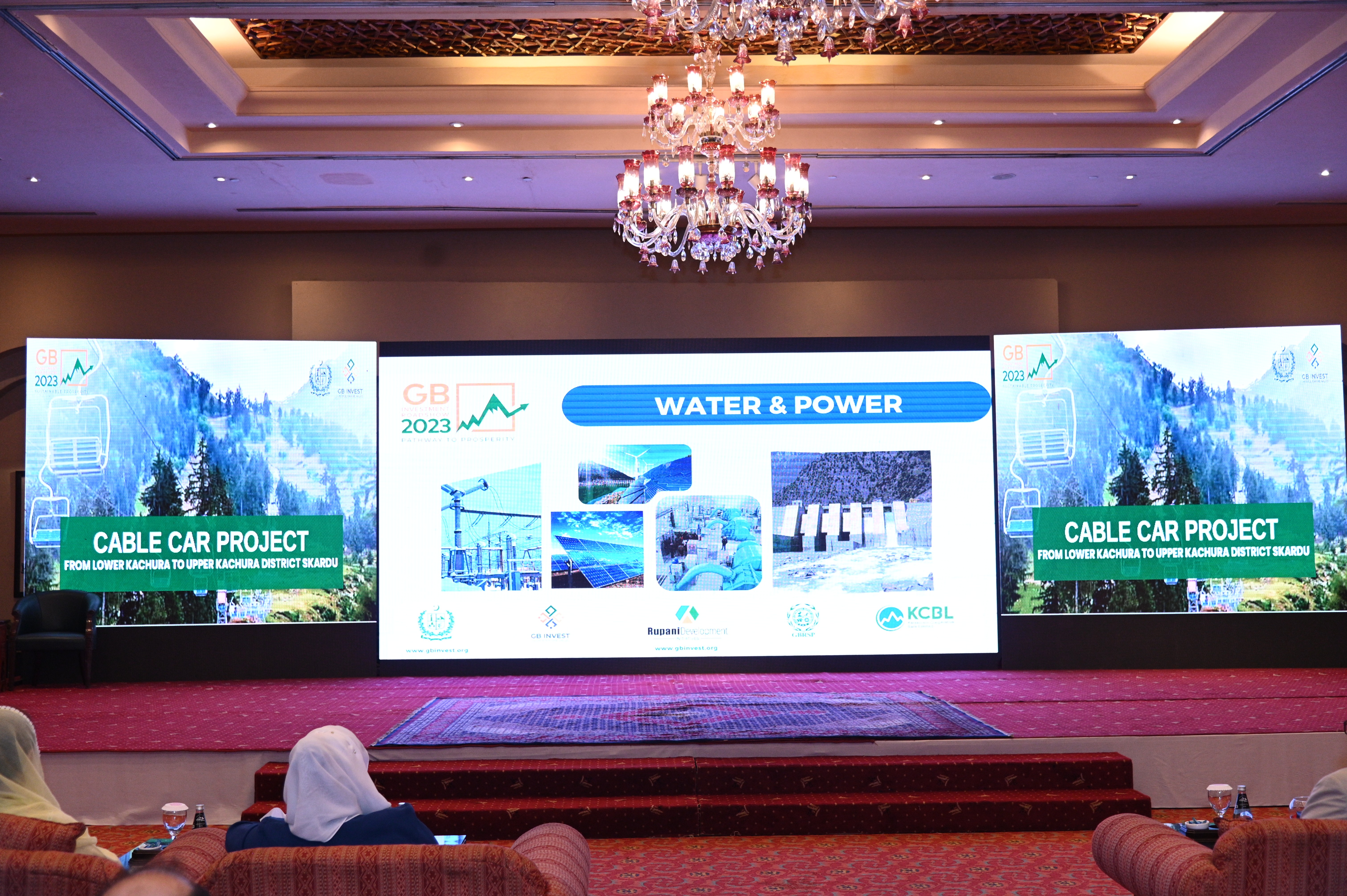 A projector displaying the water and power sector of the GB Investment roadshow