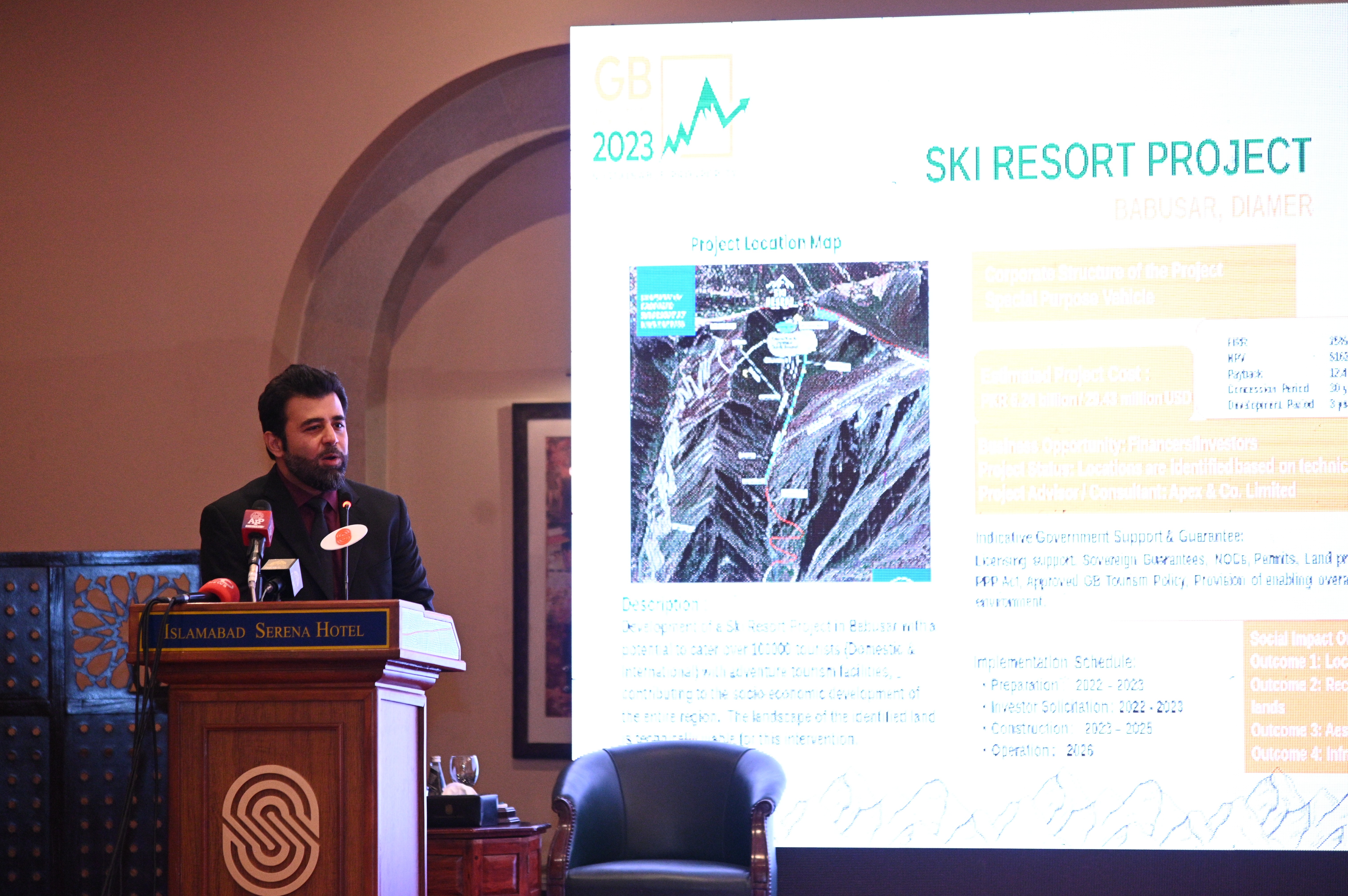 A presenter briefing about the SKI Resort Project which is to be initiated at Babusar
