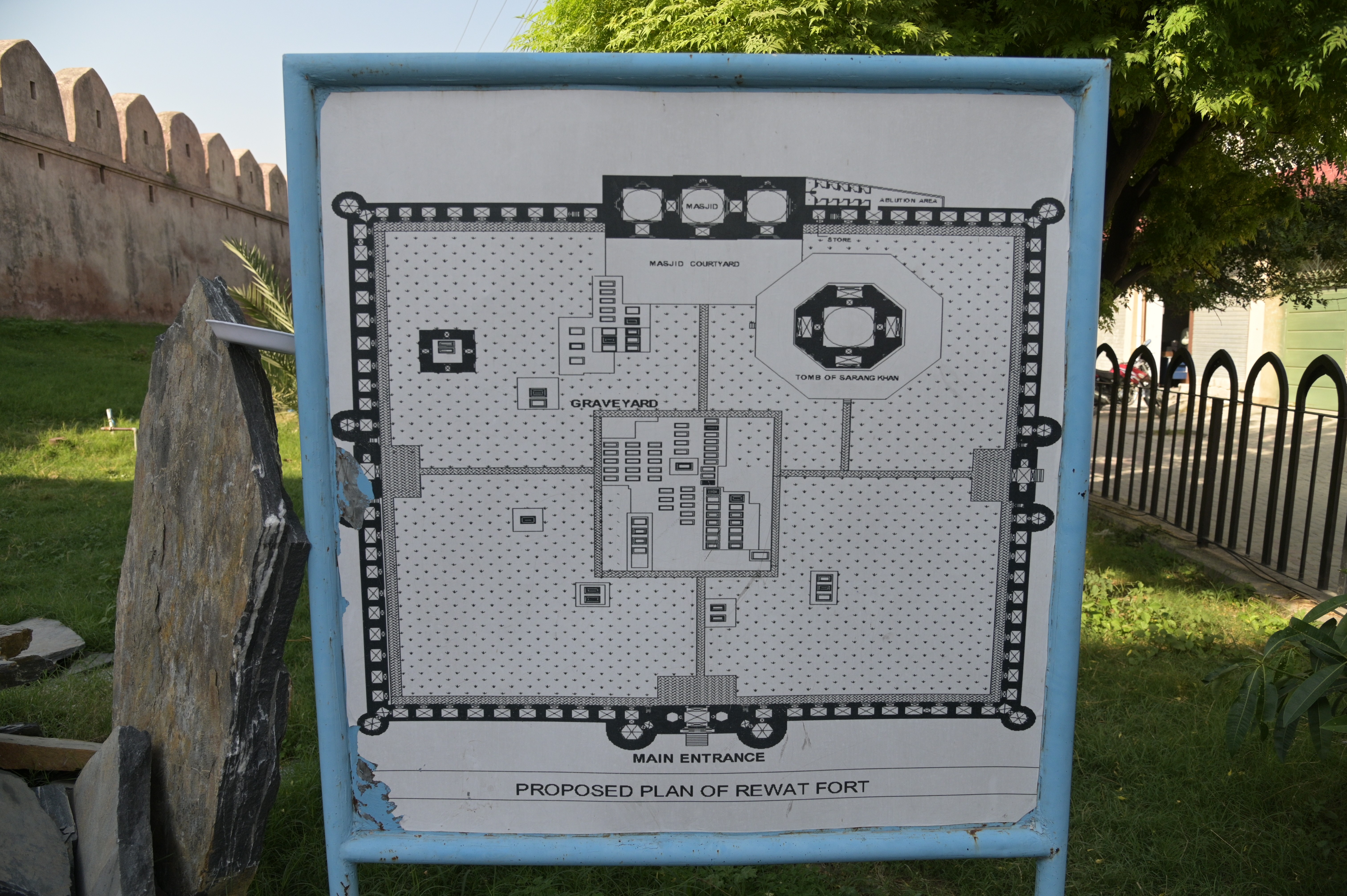 A board displaying the proposed plan of Rawat Fort