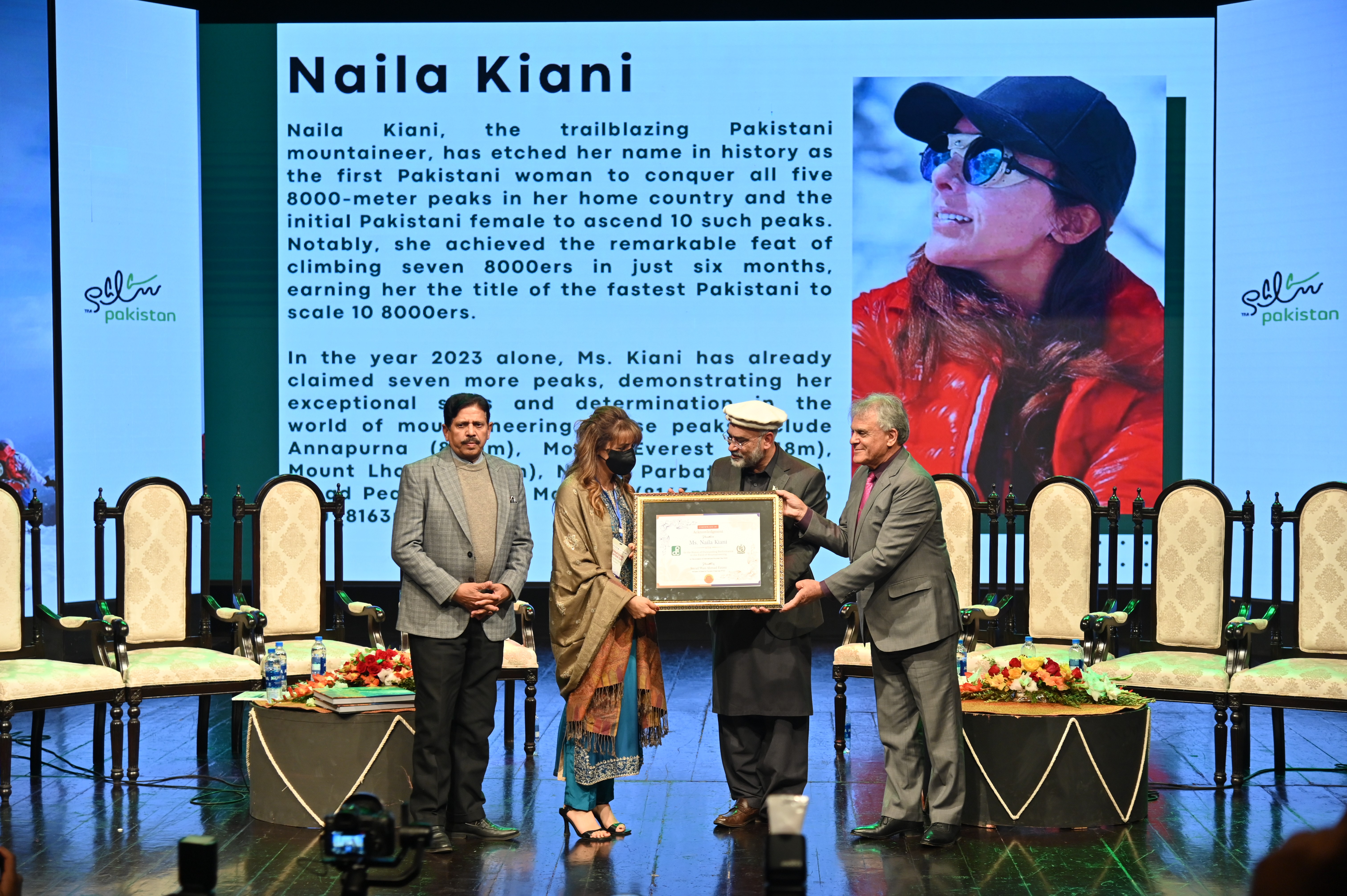 The certificate of acknowledgment presented to Ms. Naila Kiani, a Pakistani high-altitude mountaineer. She is the first Pakistani woman mountaineer to climb 10 of the 14 eight-thousanders