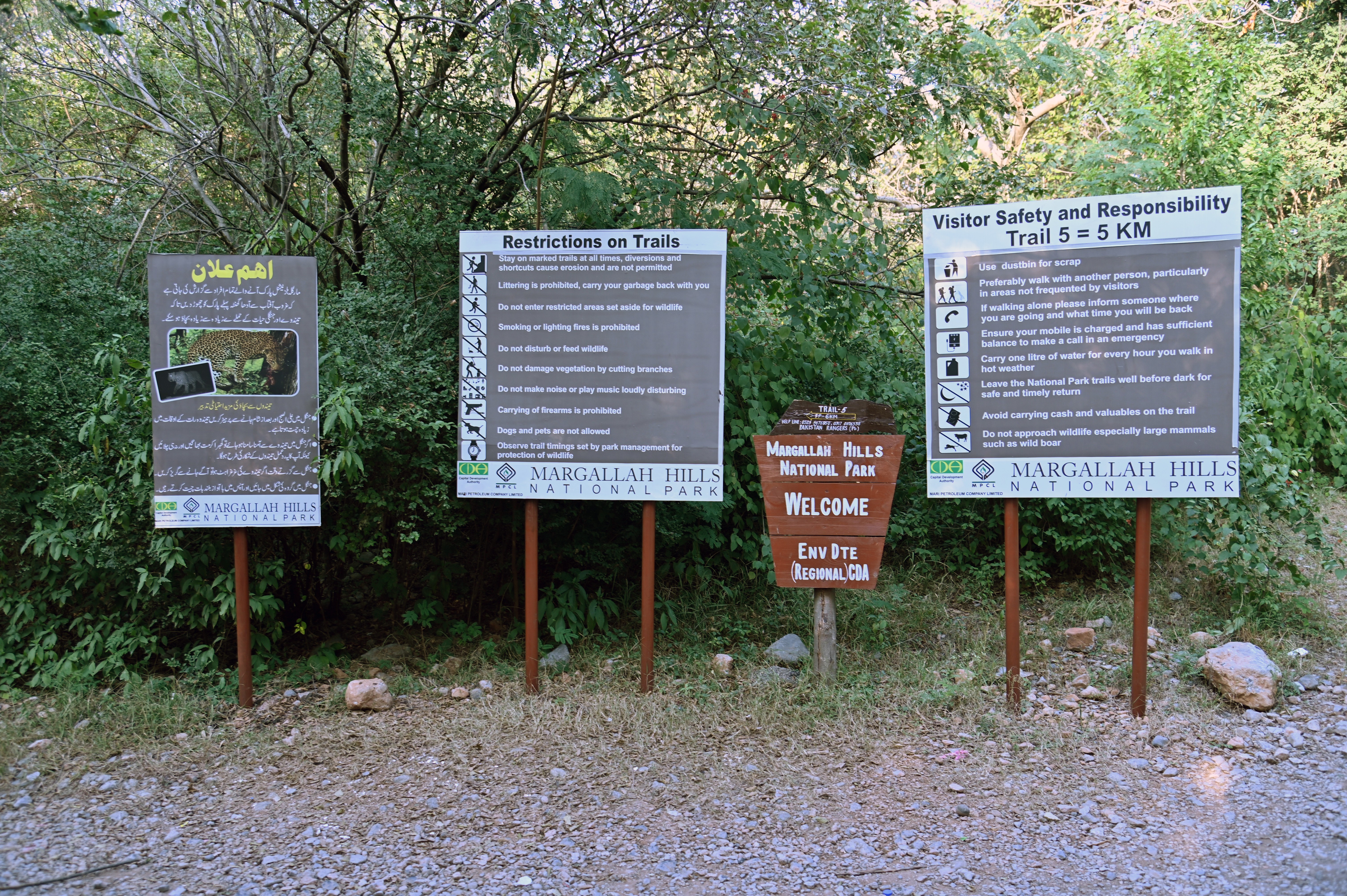 The board on Margalla Hill Trail-5 displaying the restrictions and safety measures for the visitors