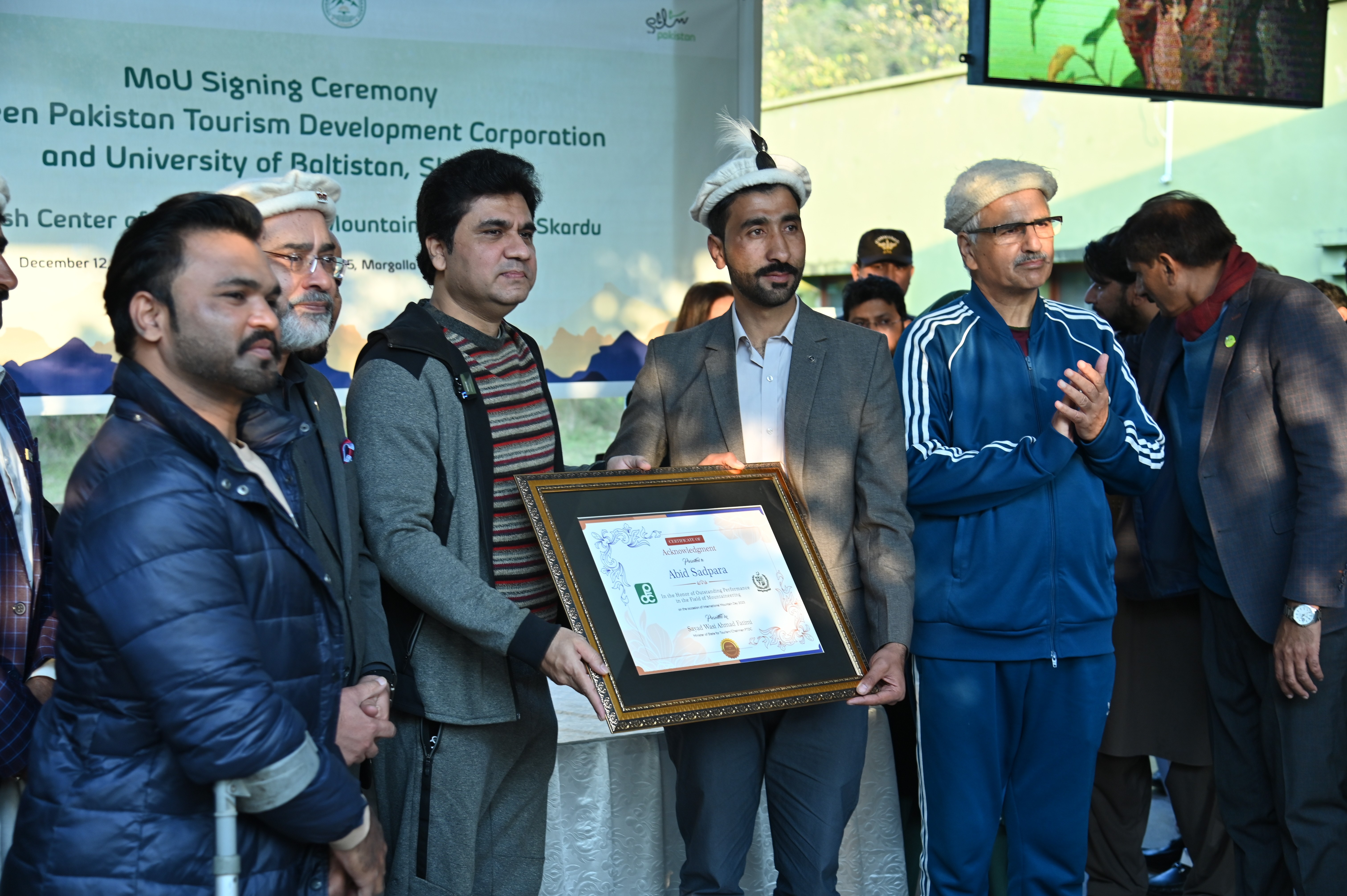 The certificate of acknowledgment presented to Abid Sadpara, a Pakistani high-altitude mountaineer
