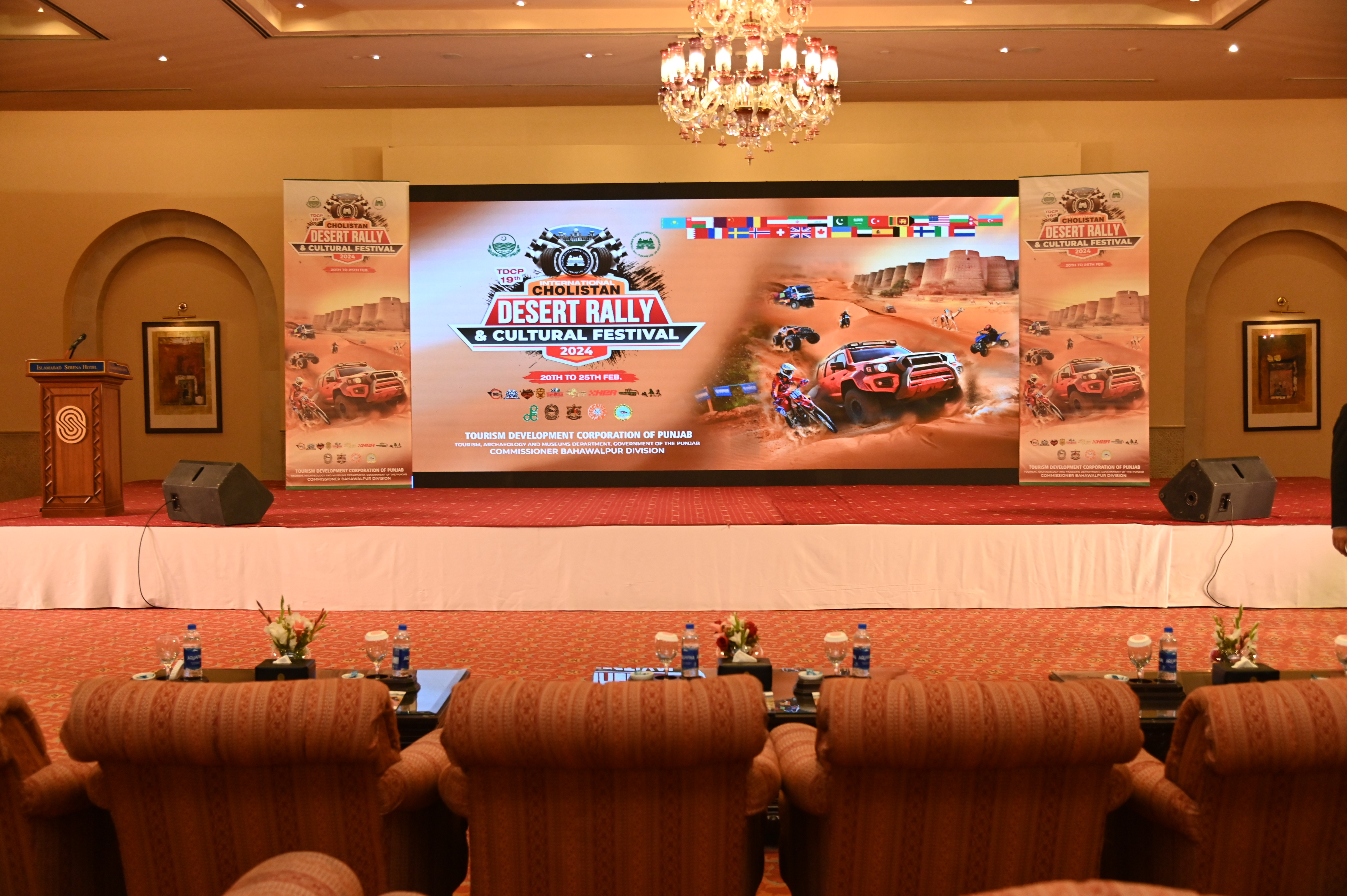 A stage set for the opening of The Cholistan Desert Rally & Cultural Festival 2024 organized by the Tourism Development Corporation of Punjab