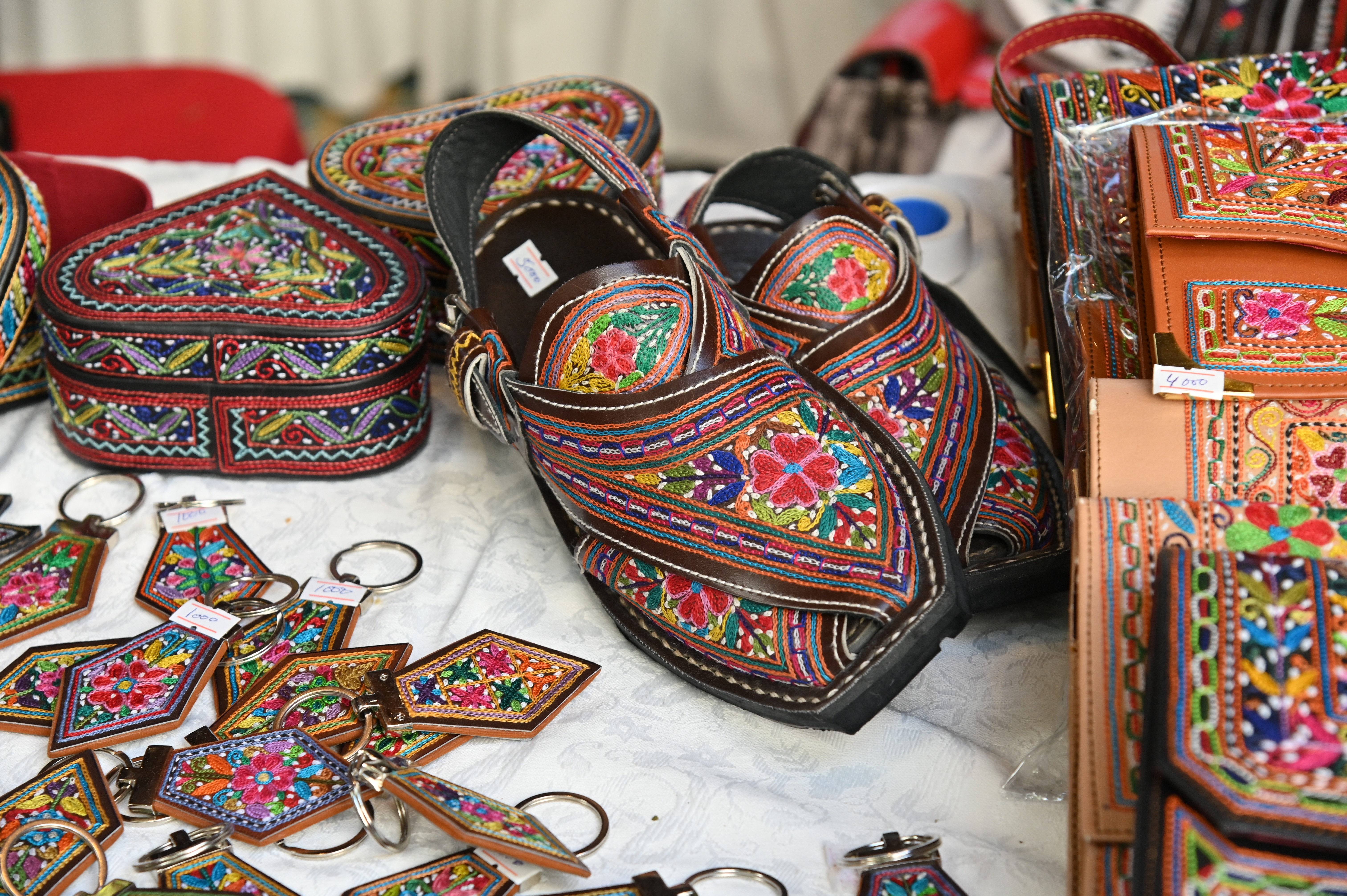 Traditional embroidered chappal and keychains