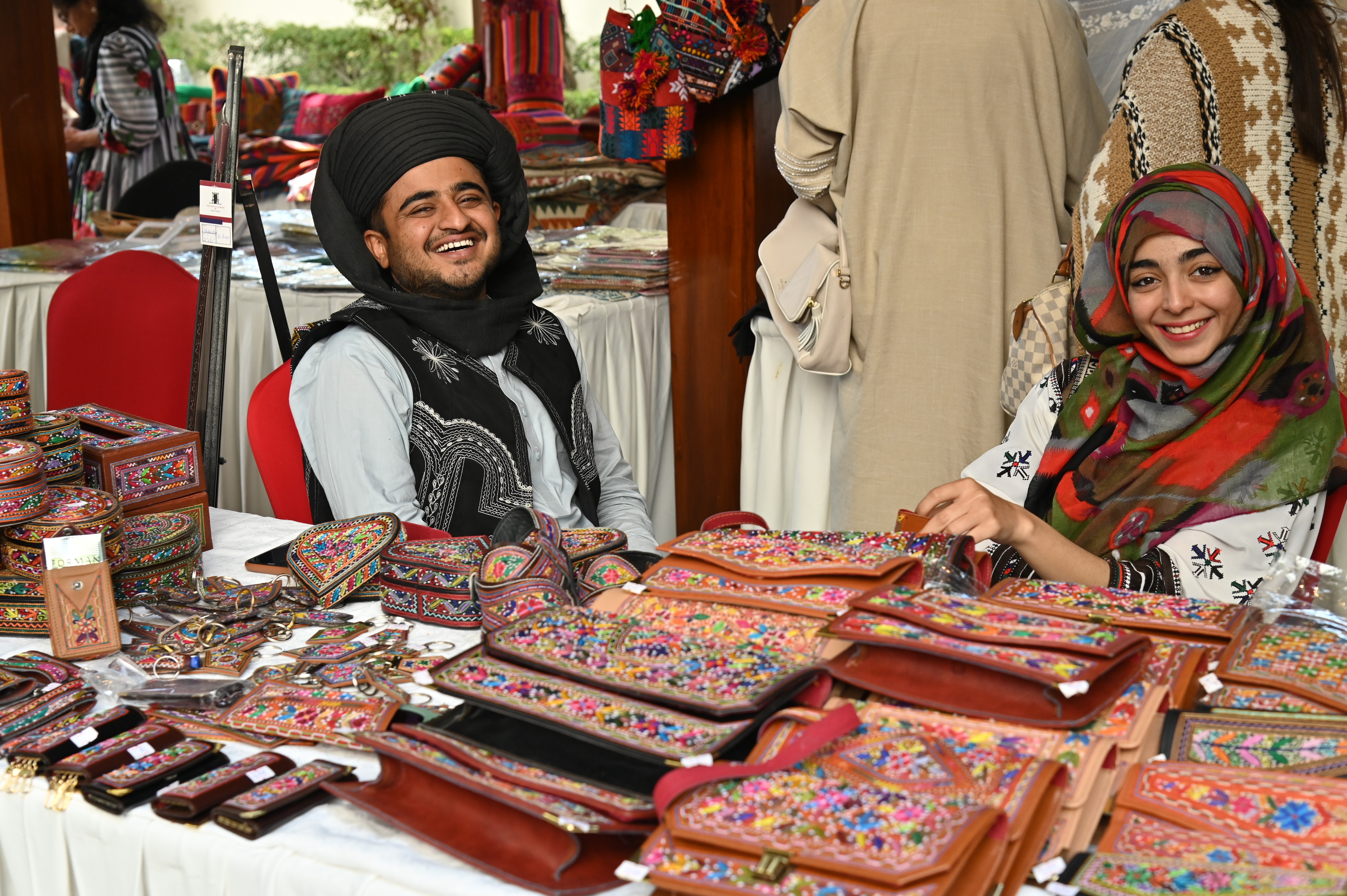 A stall of various embroidered objects at the Crafts Festival at Serena Hotel