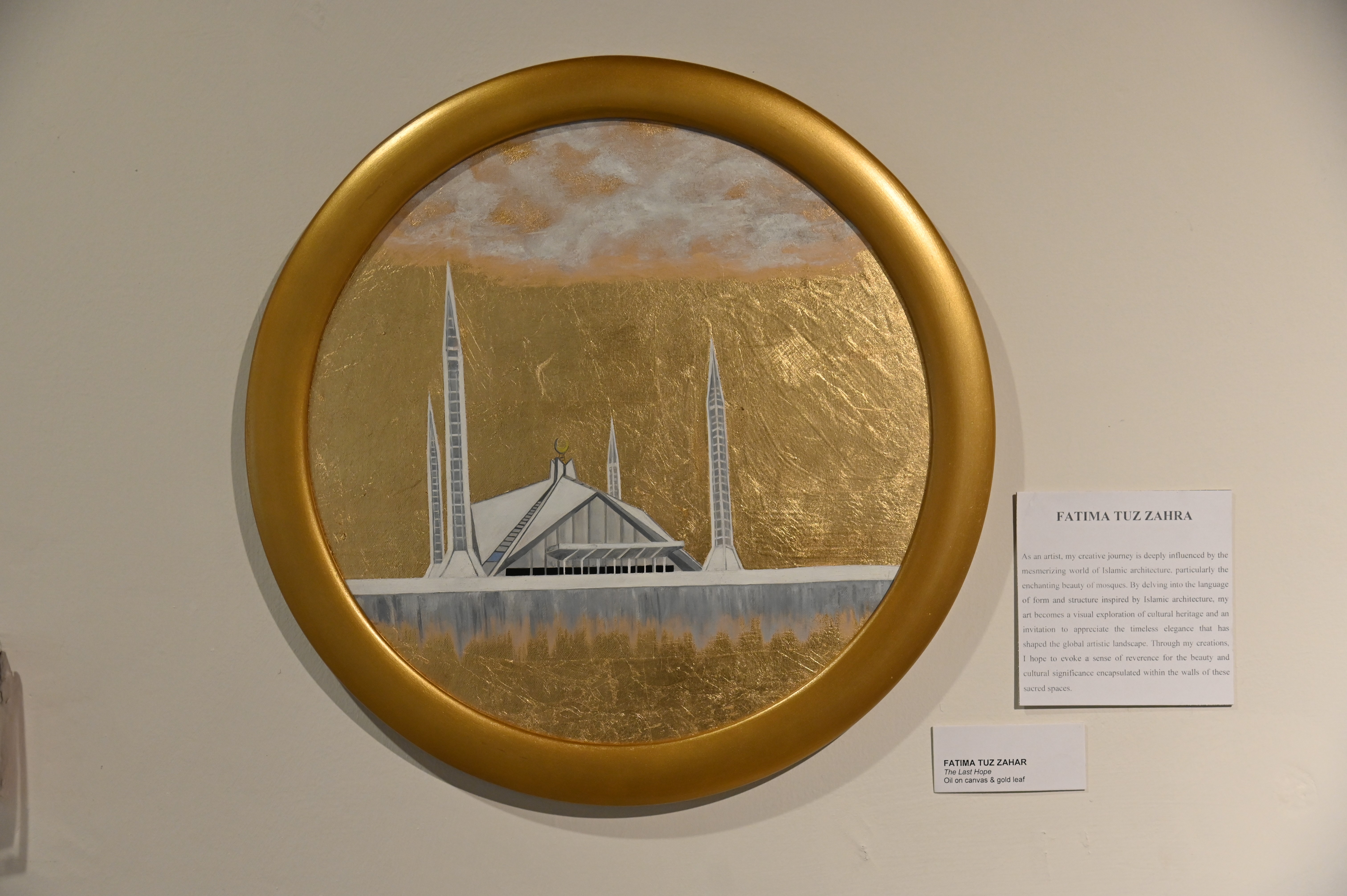 A painting by Fatima Tuz Zahar under the theme, The Last Hope, by using oil on canvas and gold leaf