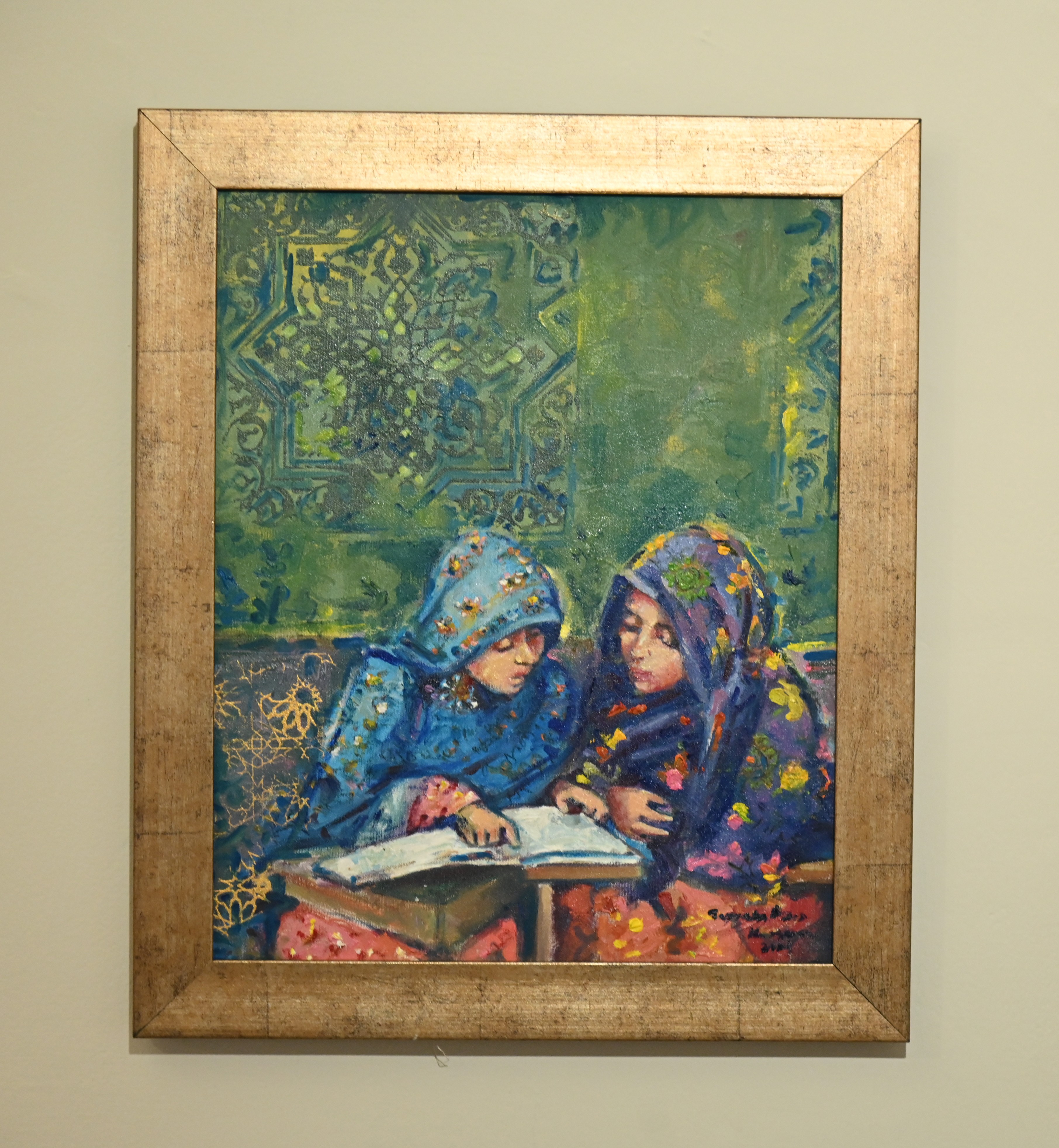 The painting of two girls reading book