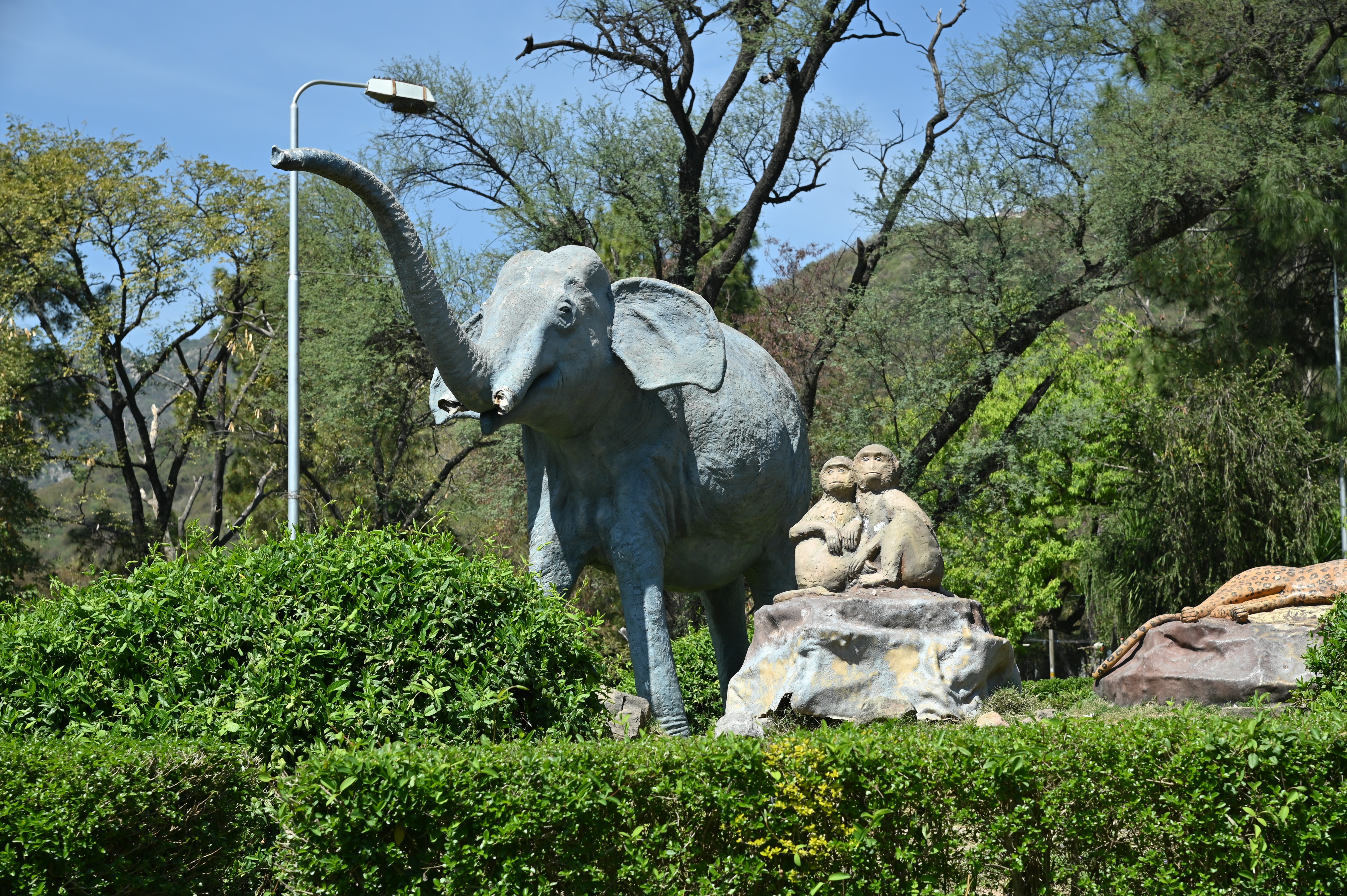 The 3D statues of an elephant and monkeys