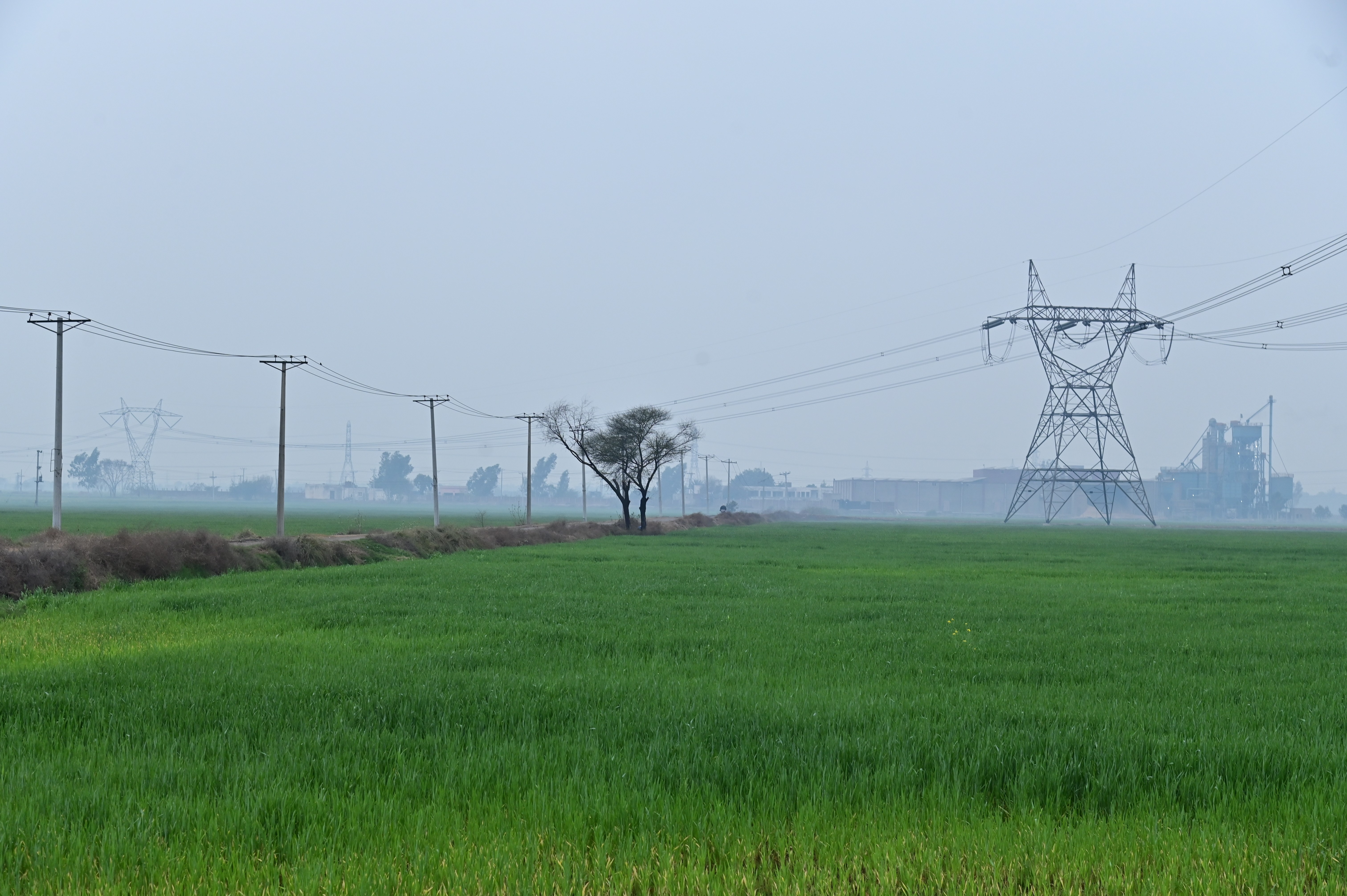 A massive electrical grid stands tall over lush green fields