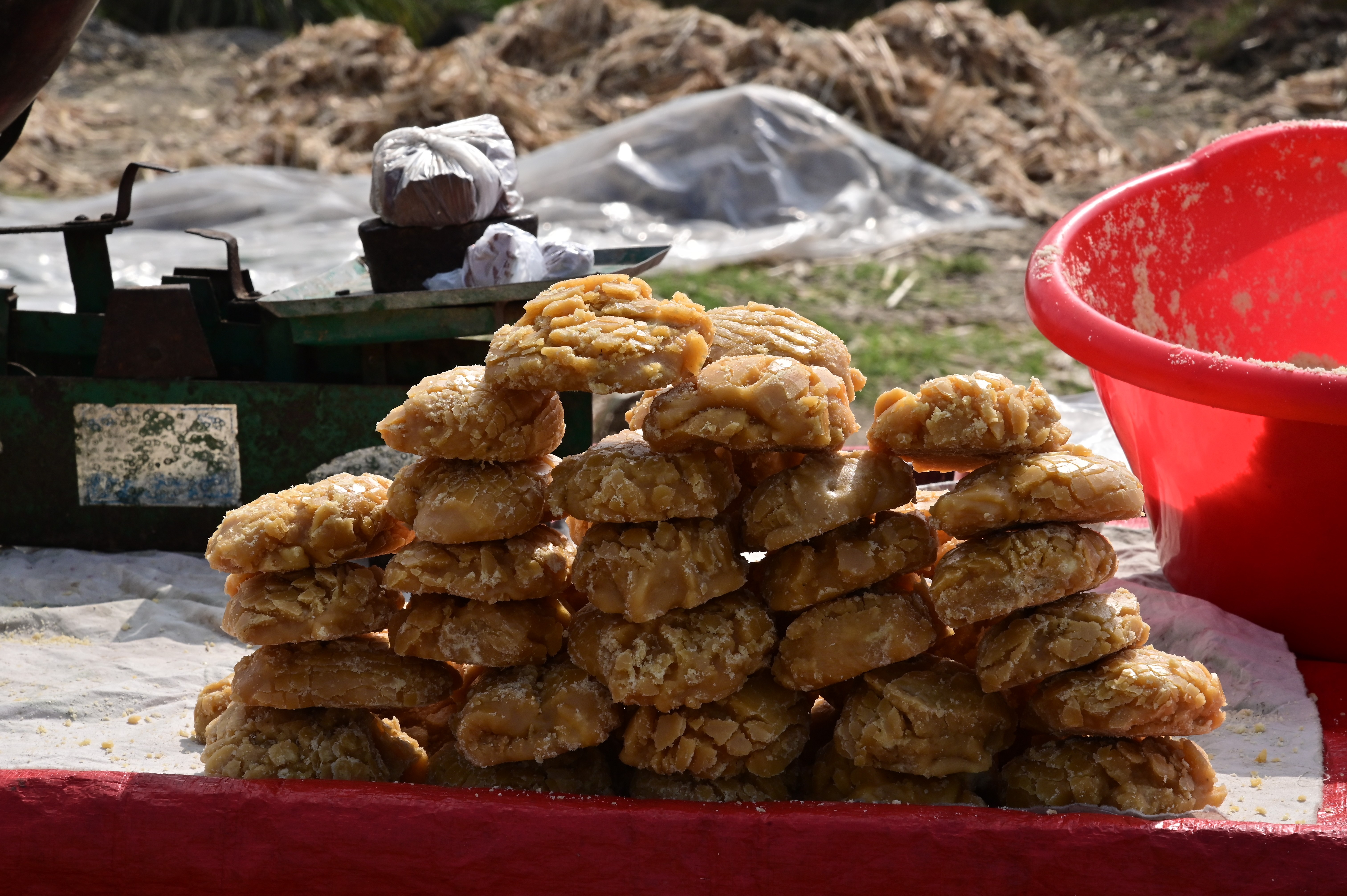 A stack of freshly made jaggery (gur)