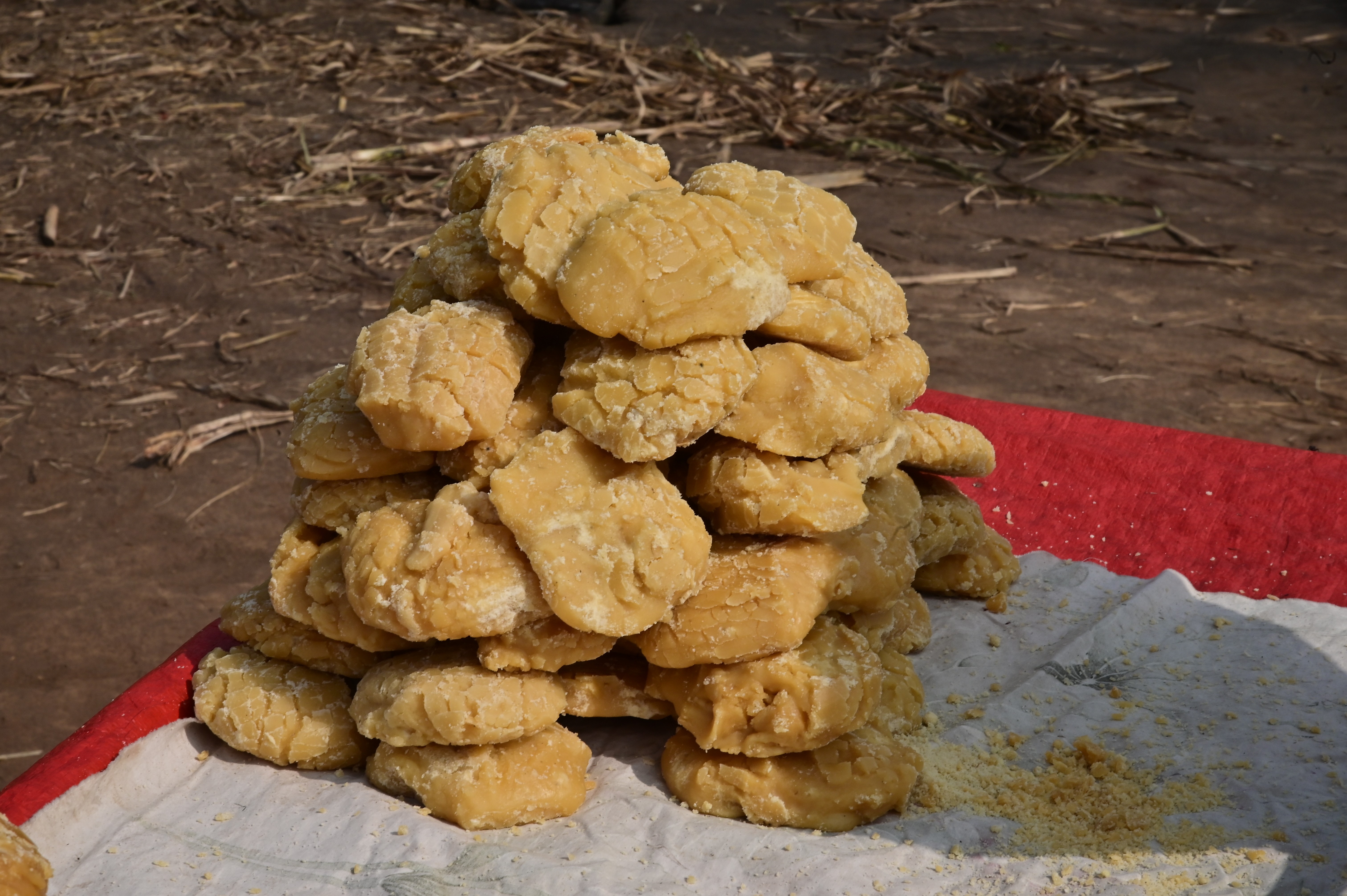 A stack of freshly made jaggery (gur)